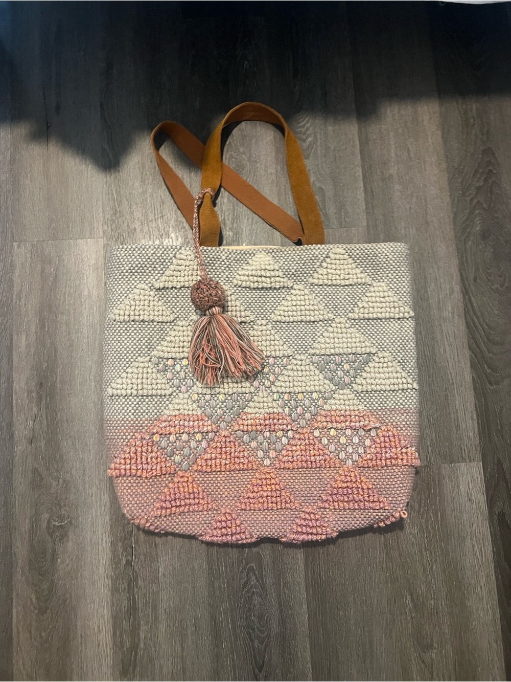 Handwoven Pink Gradient Tassel Tote with Leather Straps